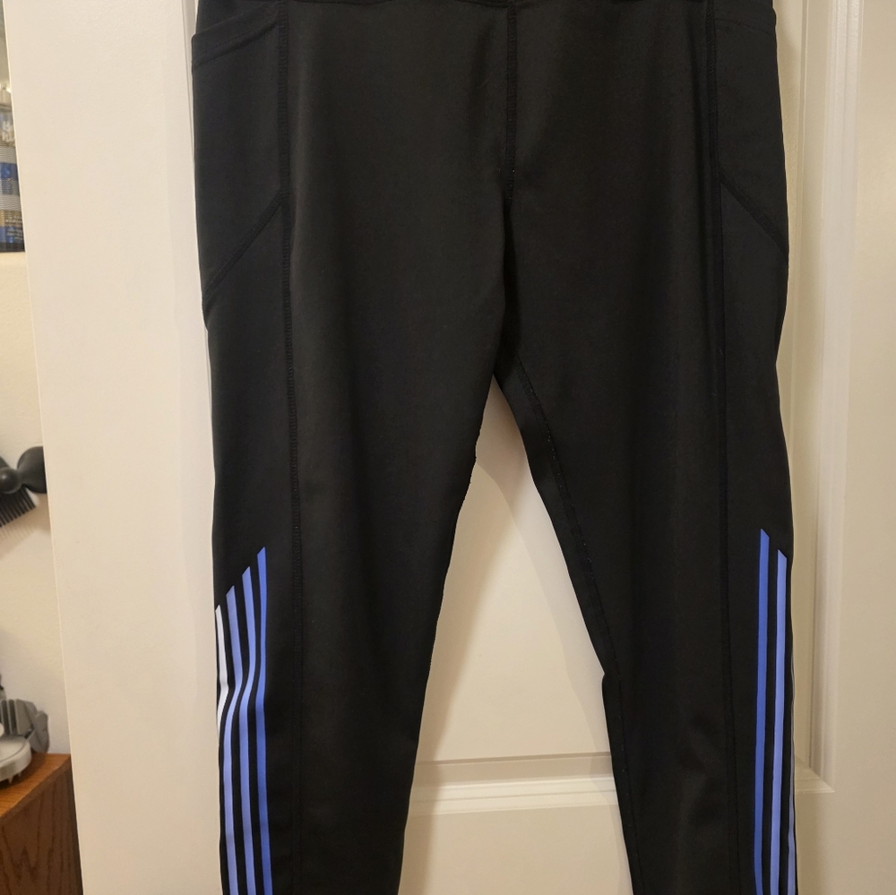 Black and Blue Athletic Leggings with Triple Stripes